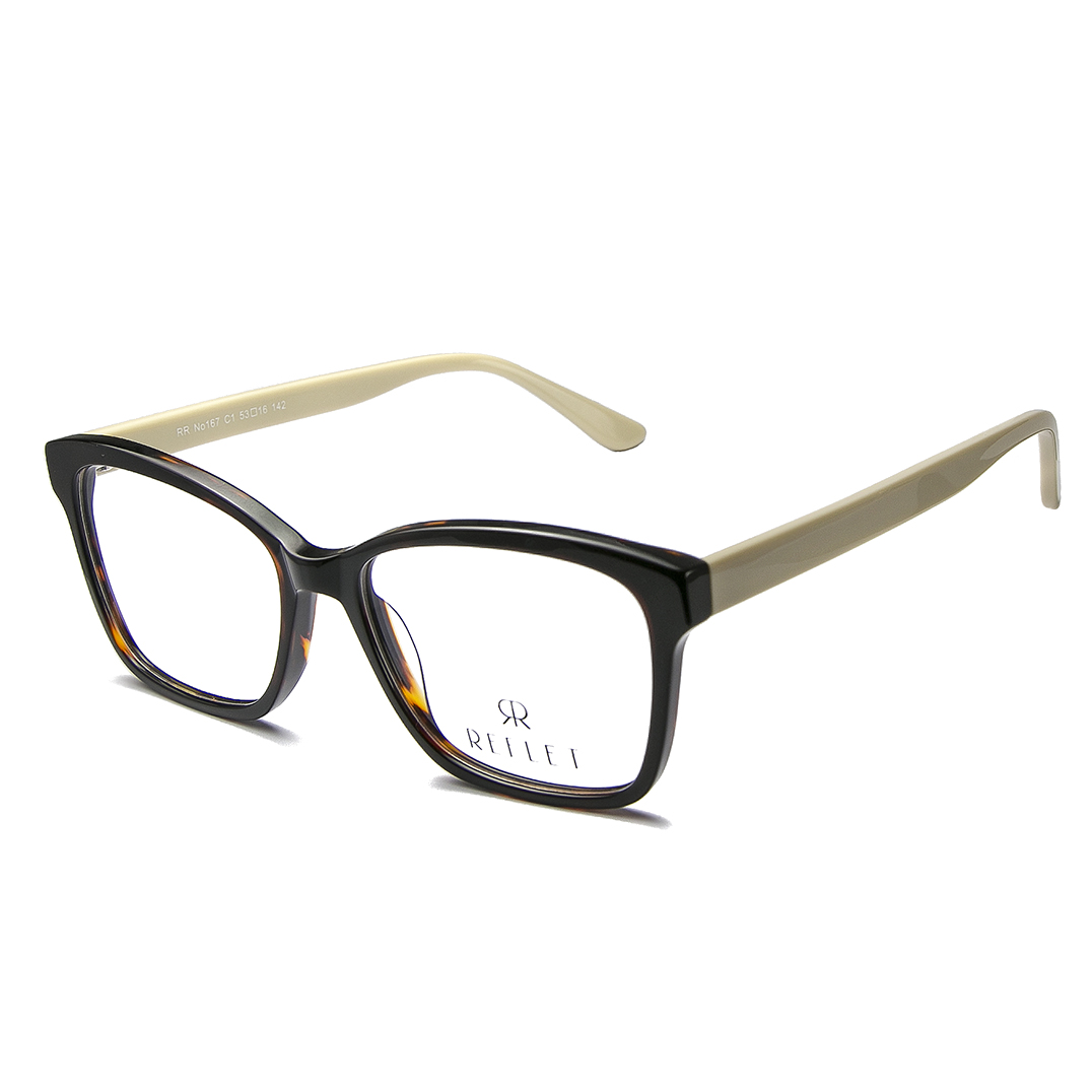 An elegant, lady's full frame in dark brown tartaruga acetate, combined with contrast off white color temples