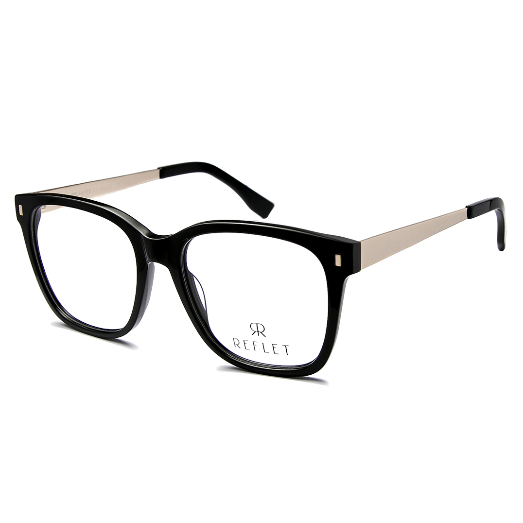 An oversized, shiny black acetate full frame, with gold tone metallic temples and black acetate tips