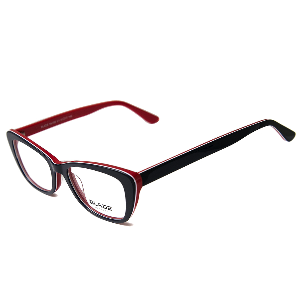 Elegant, 3 layered acetate, half eye, frame, shiny dark blue-white-red and matching color acetate temples
