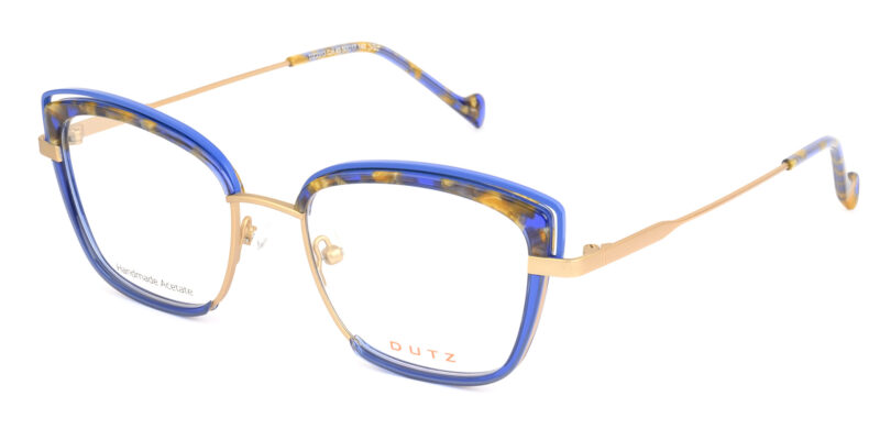 Gold metallic frame and temples, combined with blue based multicolor, acetate top front and assorted temple tips