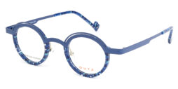 Blue metallic frame and temples, combined with blue based pattern acetate front and assorted color acetate temple tips