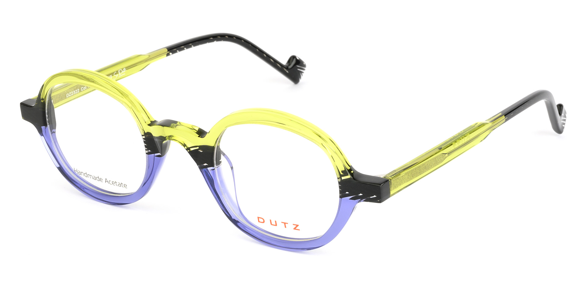 Trendy, colored acetate frame, lime-lavender blue with black details and matching color temples