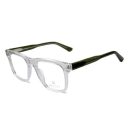A bold, crystal transparent, acetate full frame, with contrast crystal dark green temples