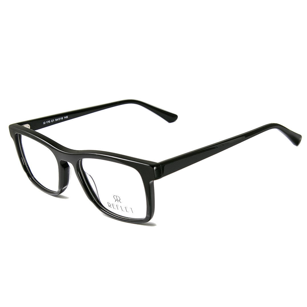 An elegant, shiny black, acetate full frame with assorted color temples