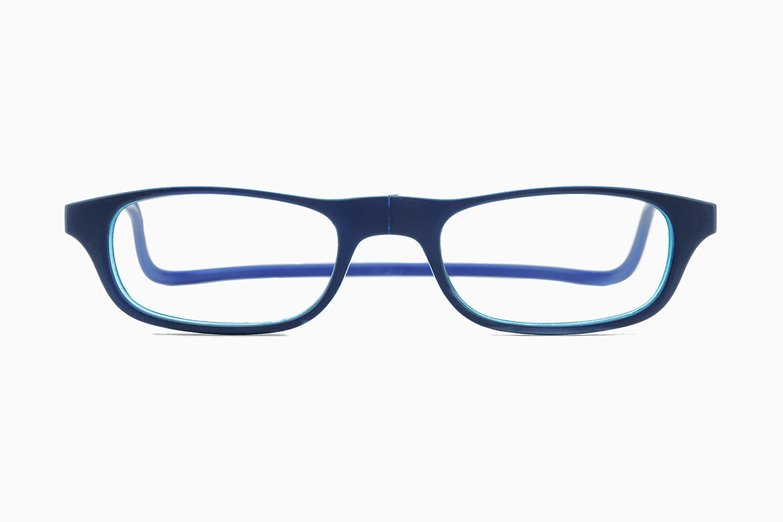 Elegant reading glasses in dark blue color with turquoise inner details and matching color flexible headband