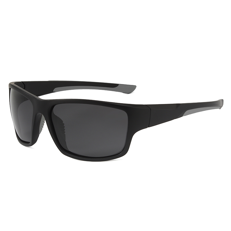 Men's, mat black with grey details, curved front frame and temples and smoke grey color polarized lenses