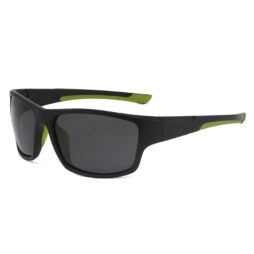 Men's, mat black with green details, curved front frame and temples and smoke grey color polarized lenses
