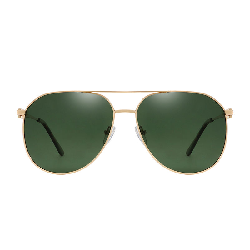 Men's, shiny gold tone, metallic frame and temples, with G-15 color polarized lenses for 100% UV protection.