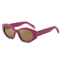 Geometrical, acetate frame and temples in dark fuschia color with brown color organic lenses