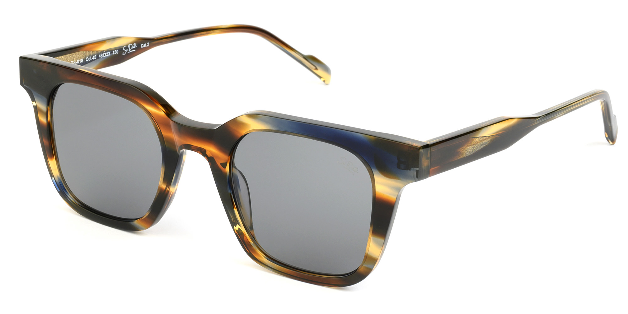 Brown-blue based, multi-colored, acetate frame and temples, with matching color nylon lenses