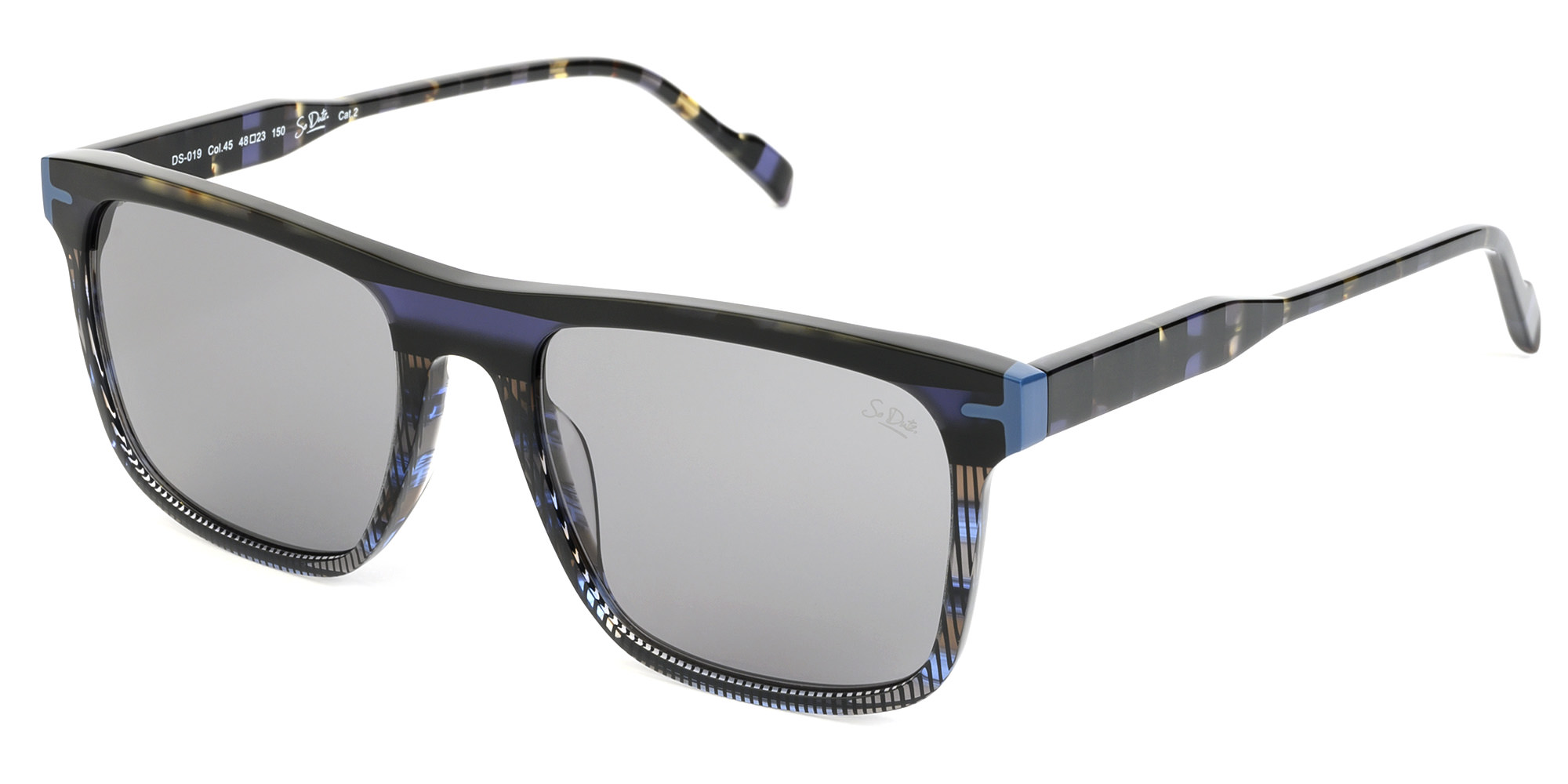 Brown-blue based, multicolored, acetate frame and temples, with matching color nylon lenses