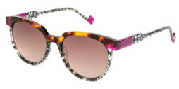 Brown and pink acetate frame and temples, combined with black & white pattern and matching color graded nylon lenses
