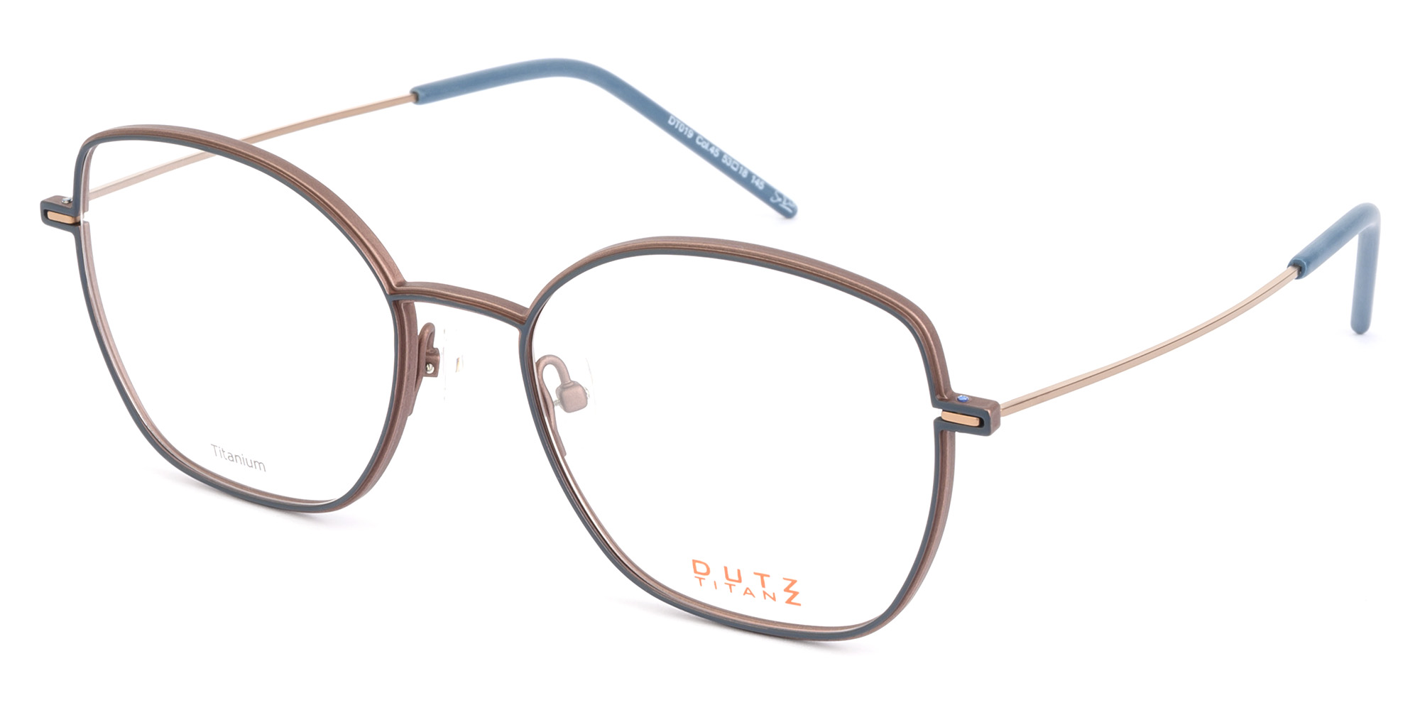 Lady's, bi-color, brown-blue, titanium optical frame, with gold toned temples and blue acetate temple tips