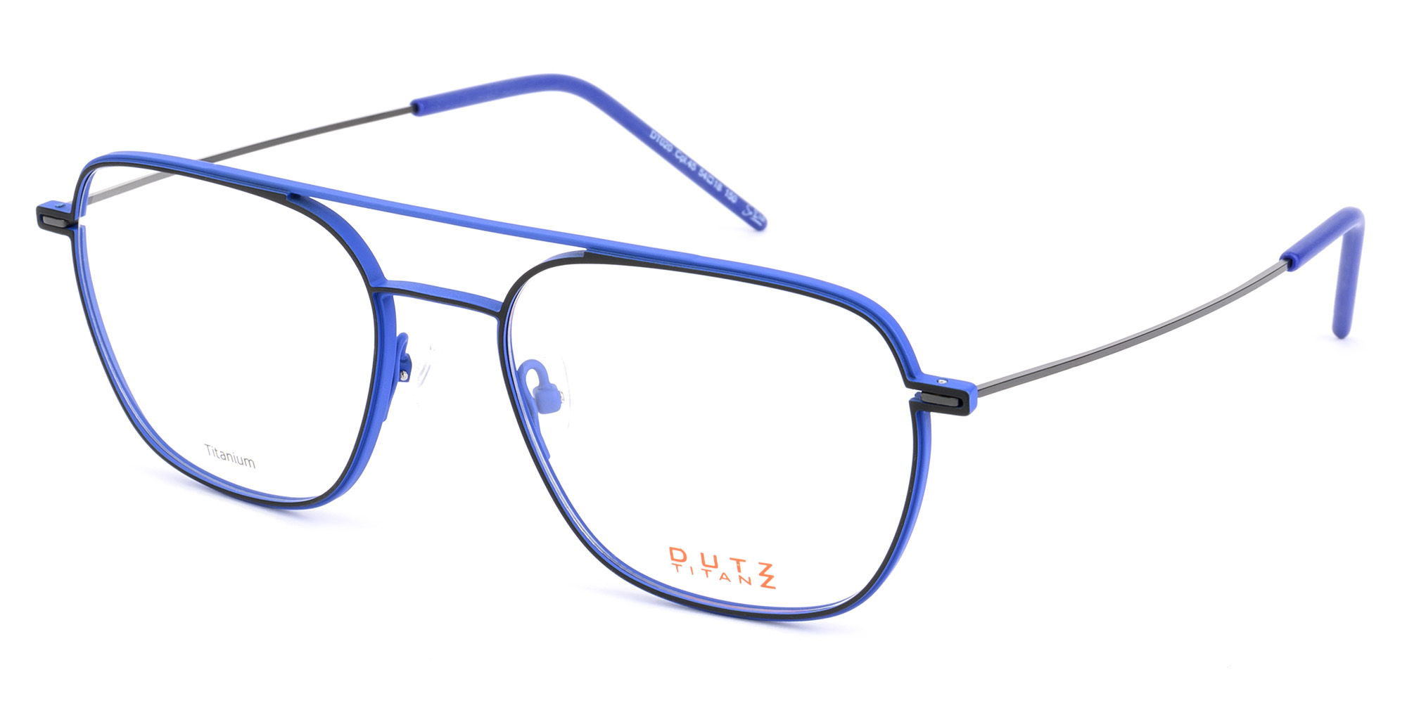 Man's bi-color, black, titanium optical frame and temples with bright blue details and matching acetate temple tips