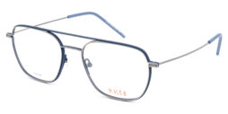 Man's bi-color, gun, titanium optical frame and temples with blue details and blue acetate temple tips