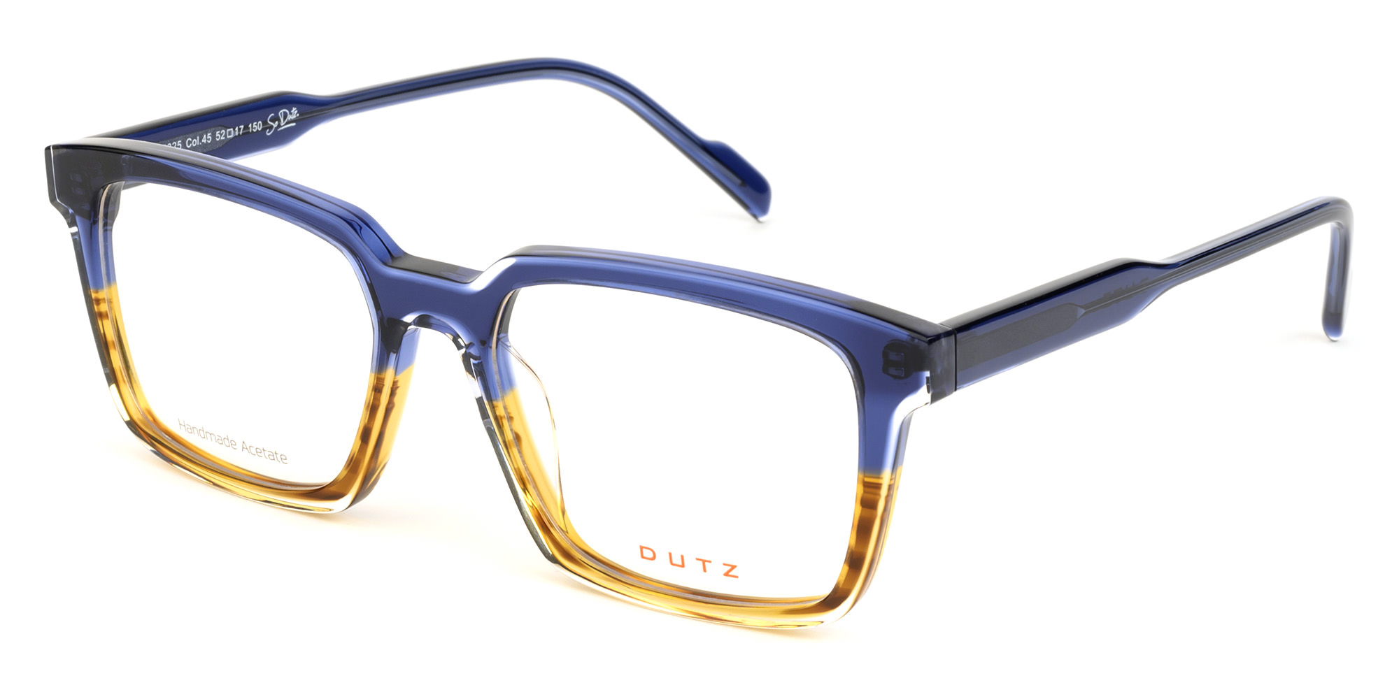 Bi-color, blue combined with crystal havana pattern, acetate frame and matching color temples