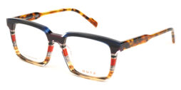 Tri-color, red- and blue combined with crystal havana pattern, acetate frame and matching color temples