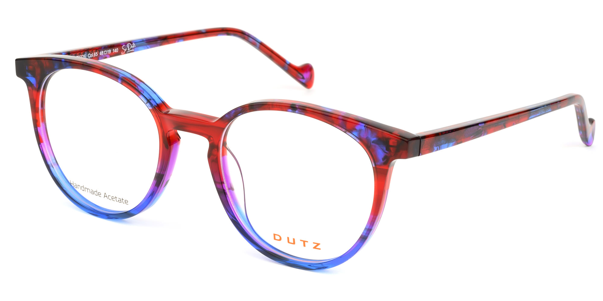 Ladies, red-blue based multi-colored, acetate frame and temples