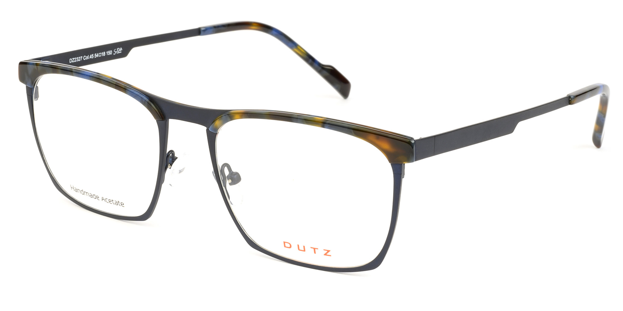 Dark blue metallic frame and temples, combined with matching multicolor, acetate top front and assorted temple tips