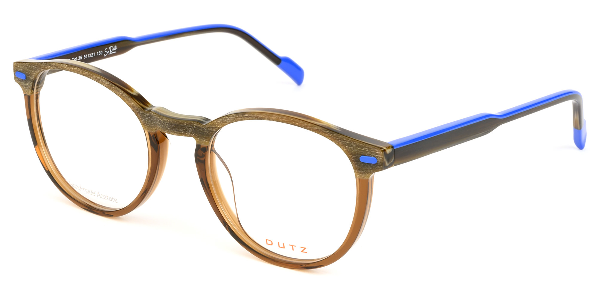 Bi-color, brown acetate frame and temples, combined with bright blue details