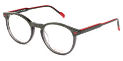Bi-color, dark grey acetate frame and temples, combined with red details