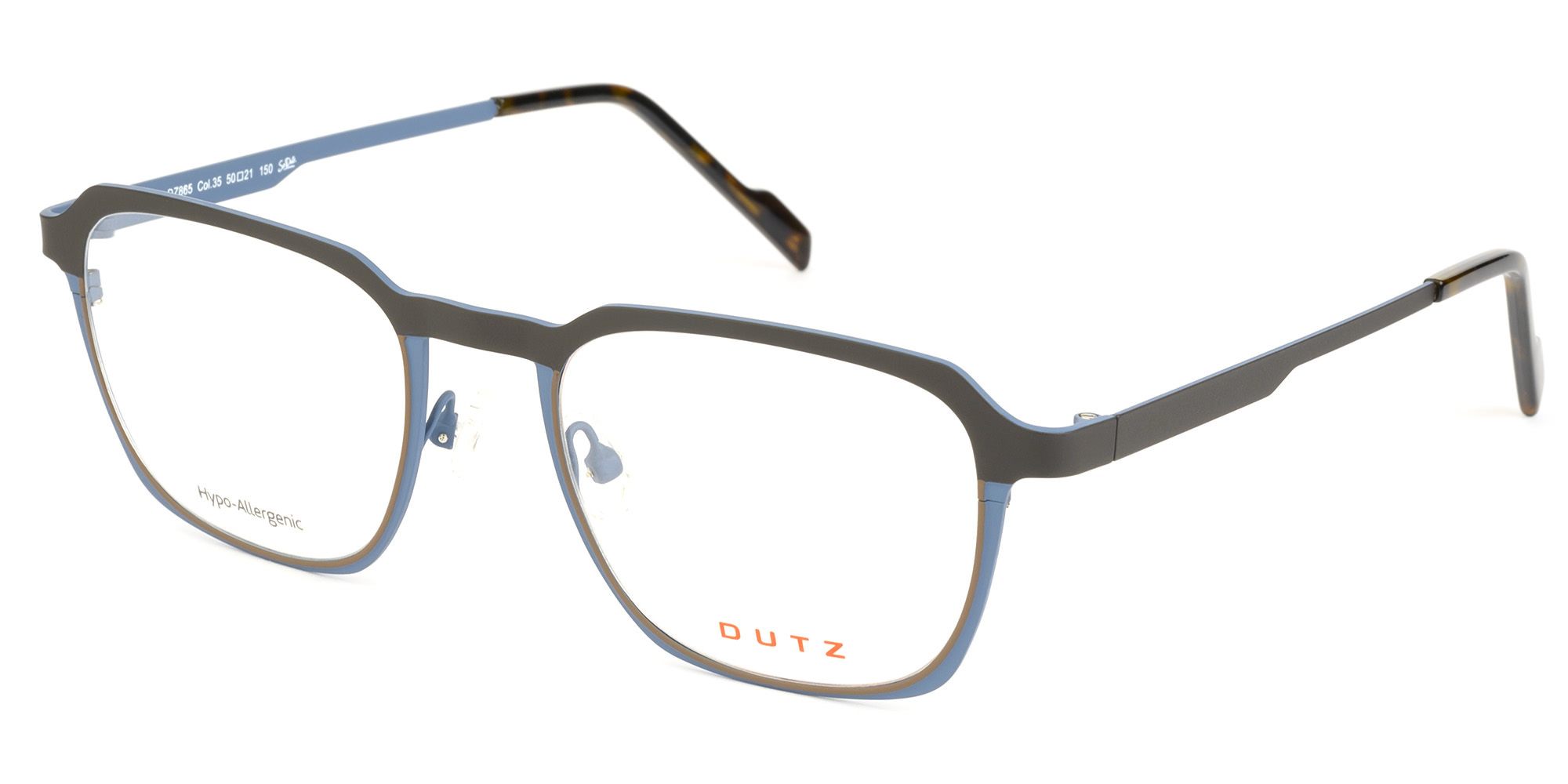 A modern, tricolor, brown-blue-camel, metallic frame and temples with brown tartaruga acetate temple tips