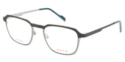 A modern, tricolor, metallic frame and temples in 2 grey tones combined with petrol blue and matching color acetate temple tips