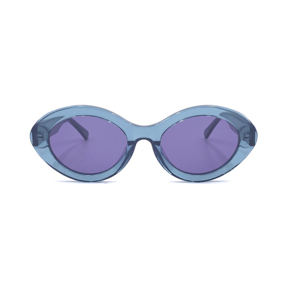 Oval, retro, acetate frame and temples in crystal blue color with smoke color organic lenses