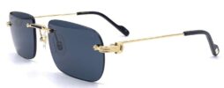 Man's, rimless frame with gold tone metallic temples and bridge and dark blue polar lenses.