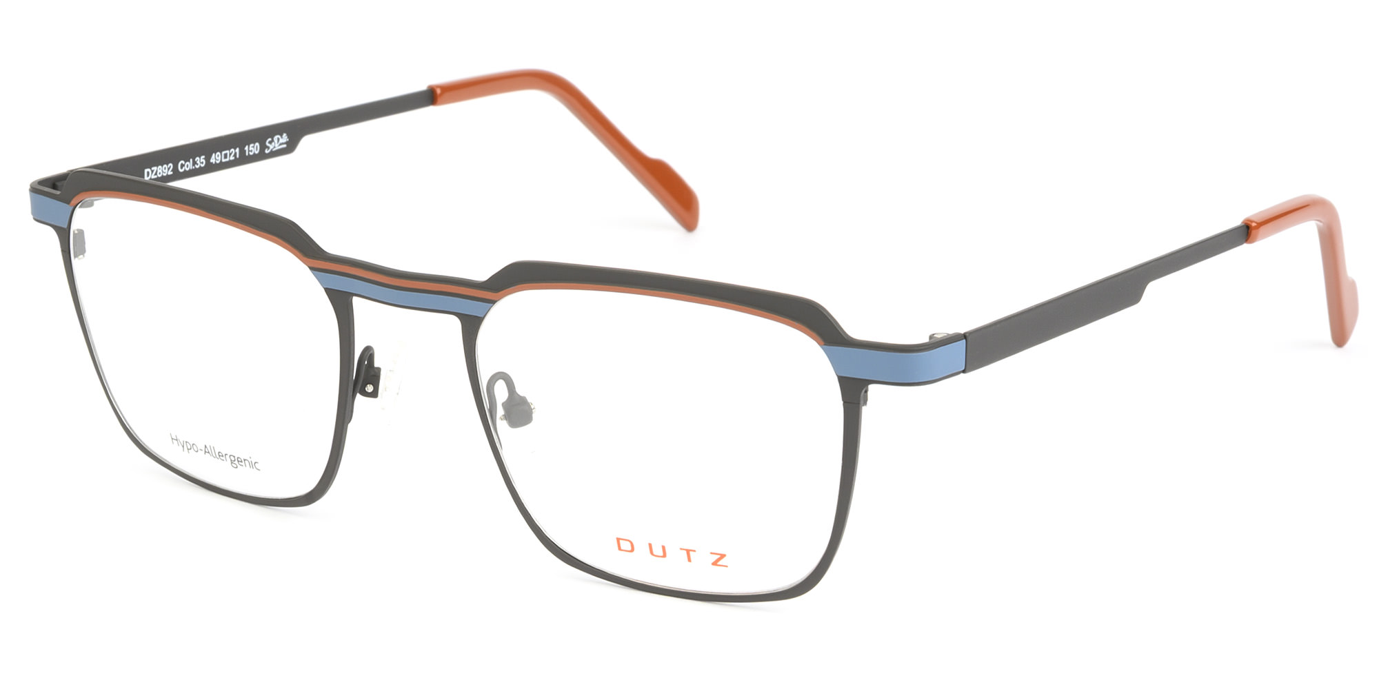 Man's, dark brown metallic frame and temples, combined with blue and brick details and matching color acetate temple tips