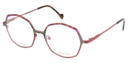 A trendy, multicolor, metallic frame in aubergine color combined with havana and pink and green color details