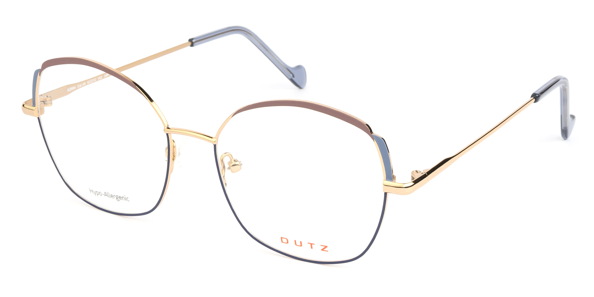 Trendy, tri-color, rose gold-blue-soft pink, metallic frame and temples, with matching color acetate temple tips