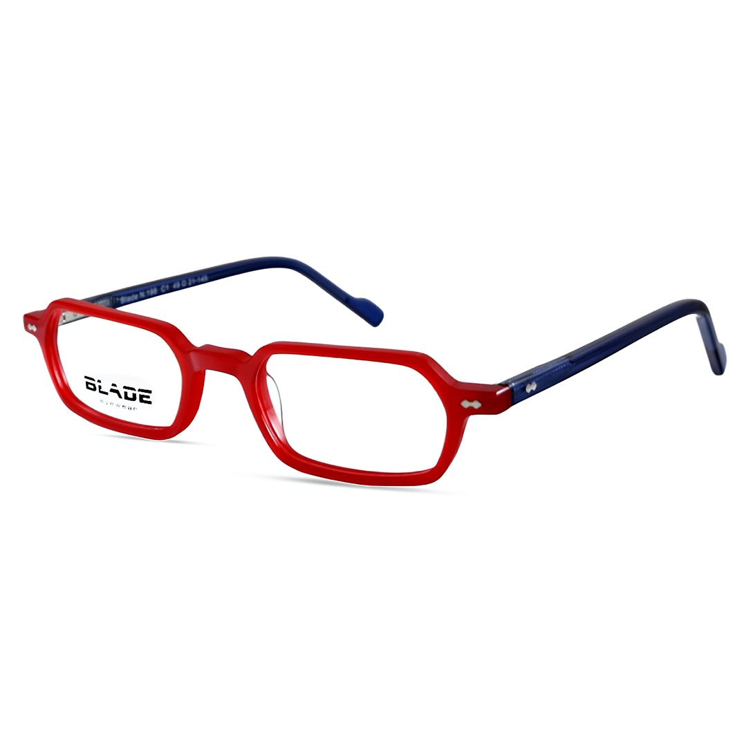 Unisex, shiny milky red half eye, acetate frame, with contrast shiny, crystal blue temples