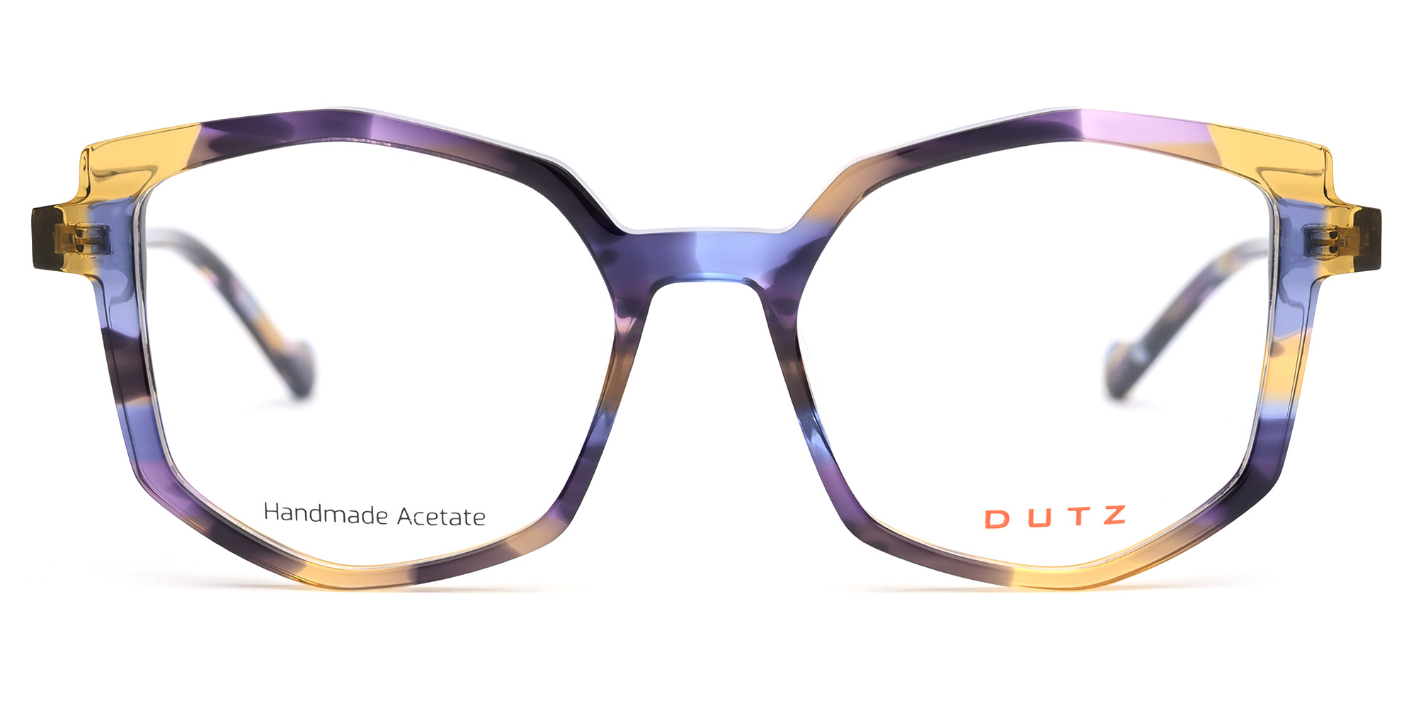 Feminine, violet-yellow based multi-colored, acetate frame with matching color temples