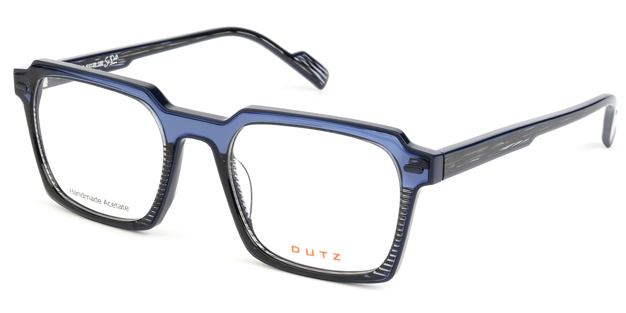 Black & white patterned, combined with crystal blue acetate frame and temples