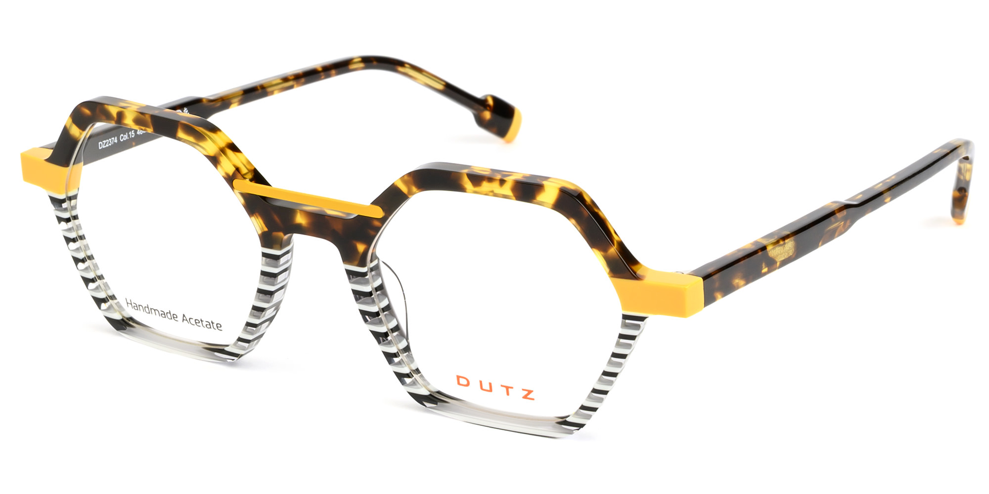 Ladies, geometrical acetate frame in brown tartaruga, combined with black and white pattern, enhanced with yellow details