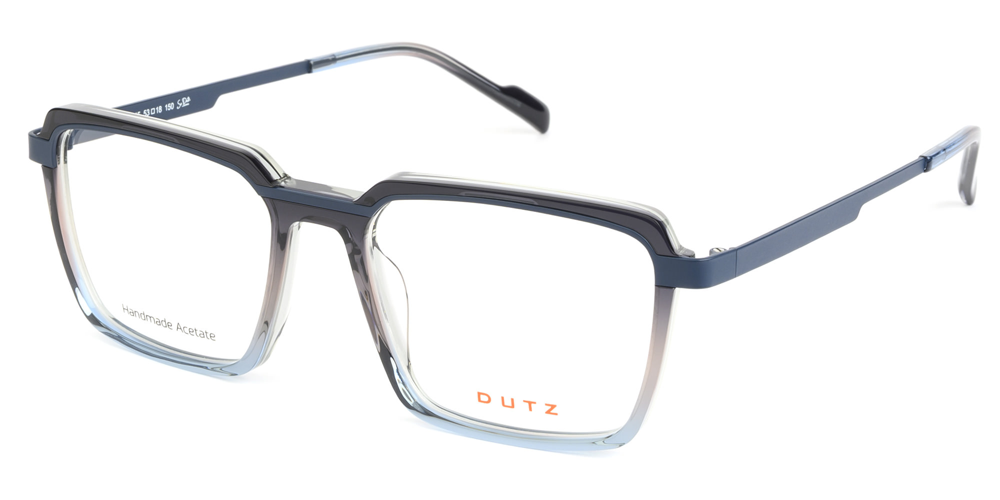 Trendy, 2 layered colored acetate frame in blue and taupe with blue metallic front details and temples.