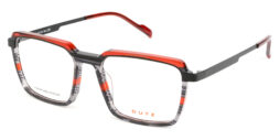 Trendy, multicolored acetate frame in red-grey-black striped pattern with black metallic front details and temples.