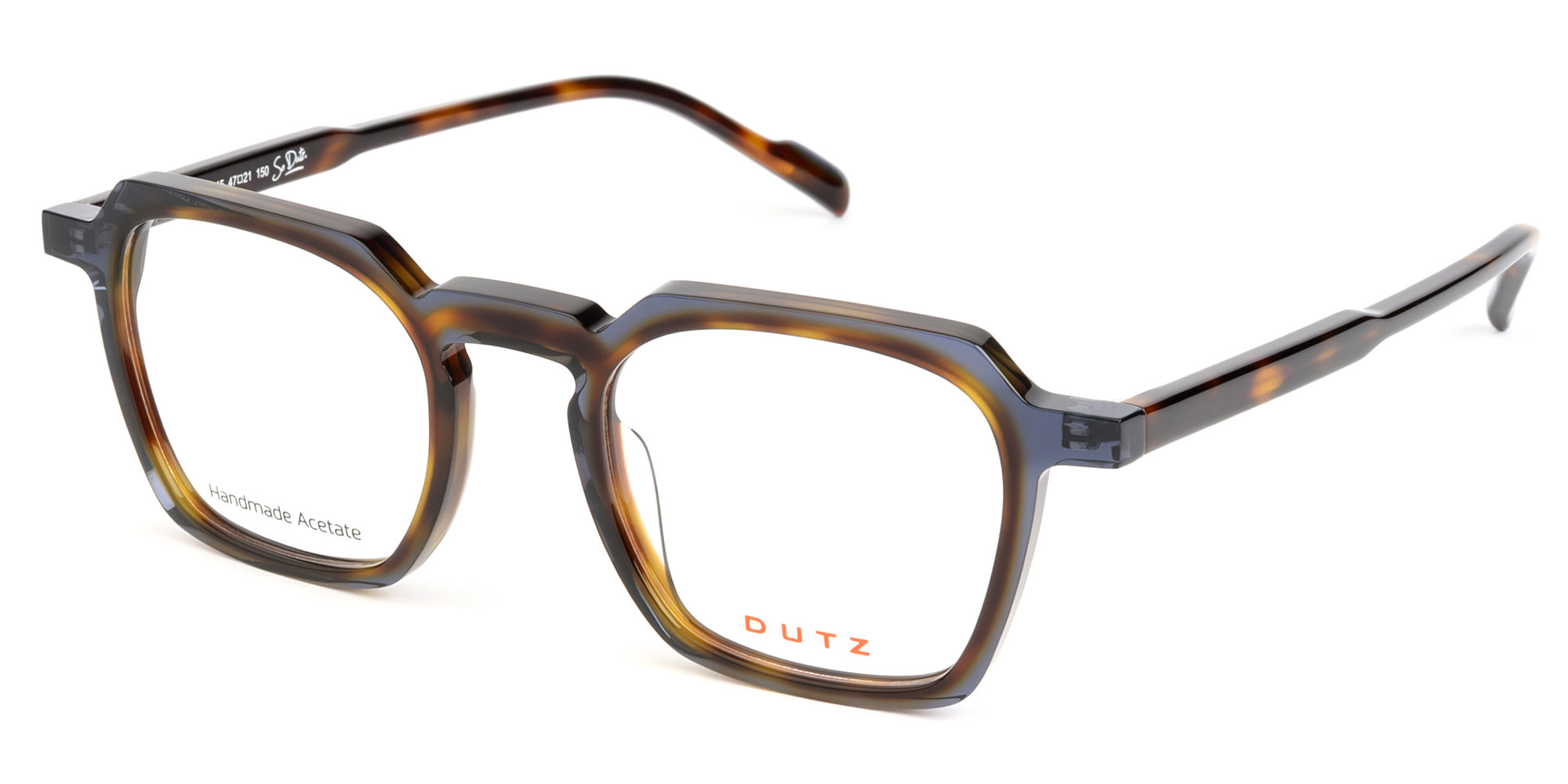 Bold, bicolor acetate frame and temples, dark blue with havana details