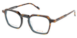 Bold, bicolor, acetate frame and temples, brown tartaruga with petrol blue details