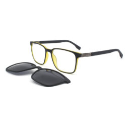 Mat black-yellow frame and temples with metallic side details. Assorted black color clip on with smoke polarized lenses.