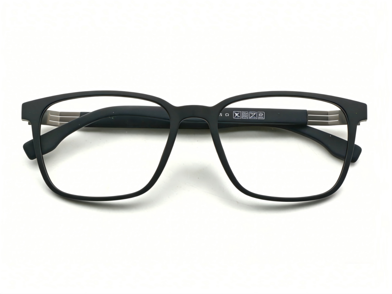 Mat black frame and temples with metallic side details. Assorted black color clip on with smoke polarized lenses.