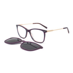Lady's, mat dark purple frame with gold metallic temples and purple temple tips.