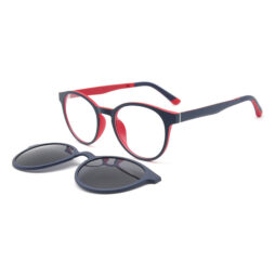 Unisex, casual, full frame in mat dark blue color with inner red details. Assorted color clip on with smoke grey polarized lenses