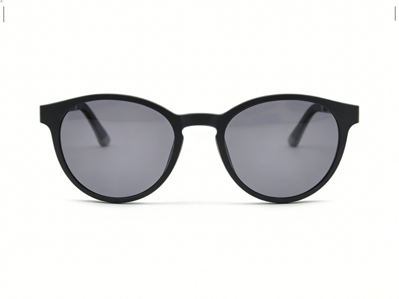 Unisex, casual, full frame in mat black color with inner grey details. Assorted color clip on with smoke grey polarized lenses