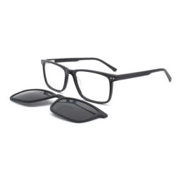 Shiny black frame and temples with metallic pin details. Assorted black color clip on with smoke polarized lenses.