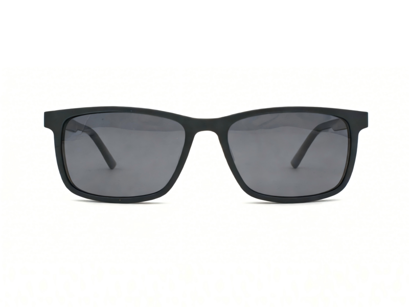 Shiny black frame and temples with metallic pin details. Assorted black color clip on with smoke polarized lenses.
