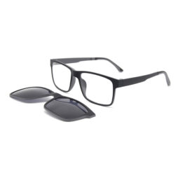 Mat black frame and temples with inner grey details. Assorted black color clip on with smoke polarized lenses.