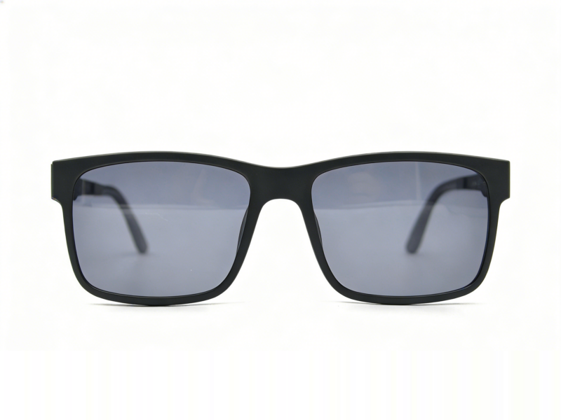 Mat black frame and temples with inner blue details. Assorted black color clip on with smoke polarized lenses.