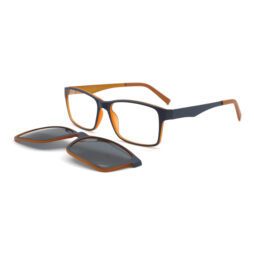 Mat blue frame and metallic temples with inner orange details. Assorted blue color clip on with smoke polarized lenses.